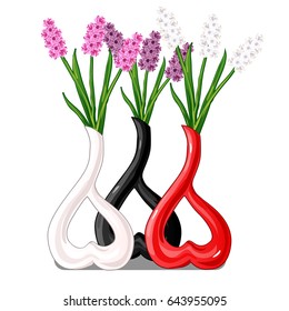 A set of fine vases of painted glass or porcelain in the shape of a heart with flowers isolated on white background. Vector cartoon close-up illustration.
