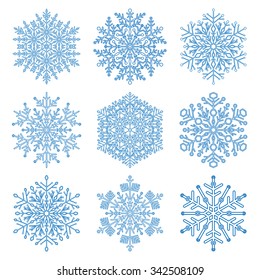 Set of fine vector blue snowflakes. Light blue winter ornament. Snowflake icons