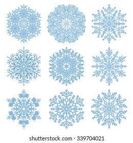 Set of fine vector snowflakes. Light blue winter ornament. Snowflake icons