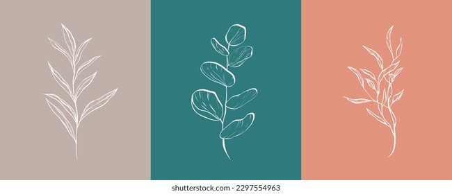 A set of fine white drawn bay leaf, eucalyptus leaf and tree leaf on colored background. With trendy summer color palette. For design, website, print, tattoo, banner, social media post and stories