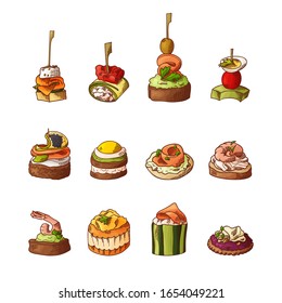 Set of finger food elements. Canape and appetizers served on sticks in sketch style. Catering service template. Vector illustration