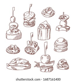 Set of finger food elements. Canape and appetizes served on sticks in sketch style. Catering service template. Vector illustration