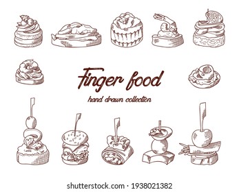 Set of finger food elements. Canape and appetizes served on sticks in sketch style. Catering service template. Vector illustration.