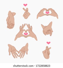 Set of Finger and Hand Hearts signs. Mini Finger Heart signs. The fingers folded into a heart symbol. Korean love sign in line style. Asian symbol hand heart. hold hands. Relationship 
