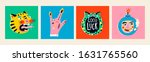 Set of Finger Horns gesture, Bomb with Cigarette, roaring Tiger, Green Leopard. Hand drawn trendy Vector illustrations. Comic, cartoon quirky style. Trendy design. Bright colors. T-shirt prints