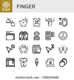 Set of finger icons. Such as Fingerprint, Hand, Starfish, Wanted, Fingerprint scan, Mouse, Graphic tablet, Gloves, Punk, Fingerprint identification, Peace, Cursor , finger icons