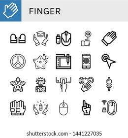 Set of finger icons such as Rubber gloves, Gloves, Hands, Mouse, Like, Glove, Peace, Starfish, Graphic tablet, Fingerprint, Cursor, Punk, Fingerprint scan, Grip, Foam hand , finger