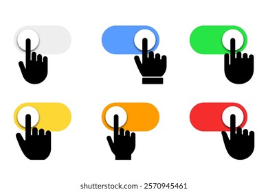 Set of finger on switches vector icons. On and Off toggle switch buttons. Hand dragging slider. Off and on button.