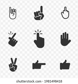 Set of finger simple vector icons in dark color and transparent background(png). Vector illustration.