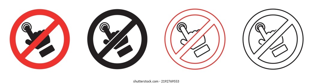 Set of finger touch signs. Red round prohibition sign, no click icon. Forbidden don't touch, no click vector.