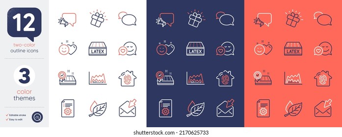 Set of Fingerprint access, Leaf and Smile line icons. Include Trade chart, Gift, Dating icons. Mattress guarantee, Latex mattress, Open mail web elements. Technical documentation. Vector