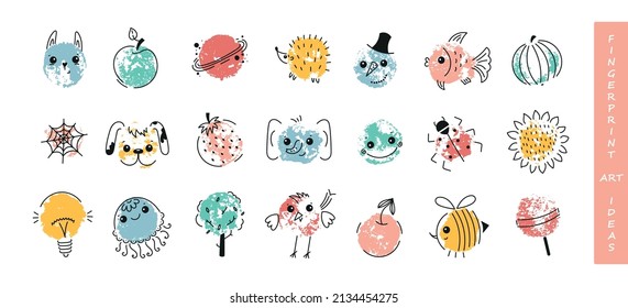 Set of Fingerprint Art Ideas for Kids. Colorful Childish Paint Drawing. Doodle Various items and animals. Vector illustration.