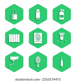 Set Fingerprint, Car key with remote, Bullet, Motion sensor, Security camera, Garden fence wooden, Fire extinguisher and Safe combination lock icon. Vector