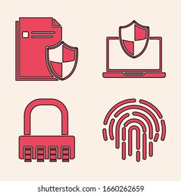 Set Fingerprint , Document protection concept , Laptop protected with shield and Safe combination lock  icon. Vector