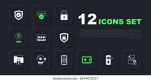 Set Fingerprint door lock, Document and, Laptop with password, Safe, Lock, Ringing alarm bell, Password protection and Mobile fingerprint scanner icon. Vector