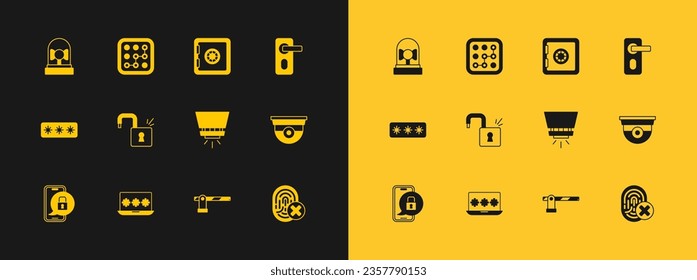 Set Fingerprint door lock, Laptop with password, Fire sprinkler system, Parking car barrier, Open padlock, Safe, Ringing alarm bell and Graphic protection icon. Vector