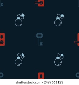 Set Fingerprint door lock, Old key and Bomb on seamless pattern. Vector