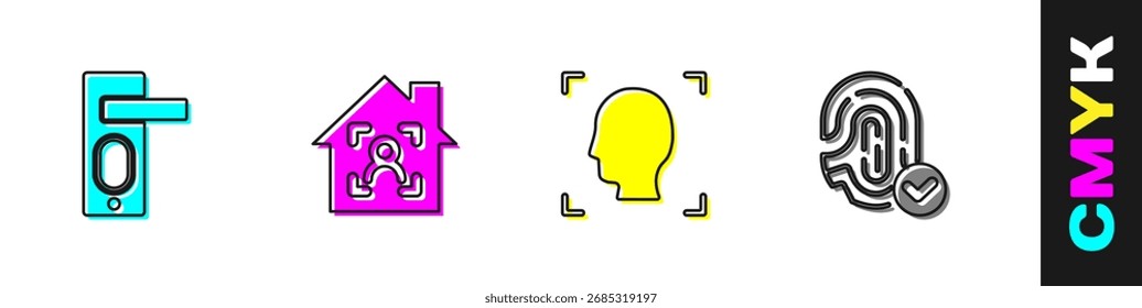 Cerradura de la puerta de la huella dactilar, hogar elegante con la identificación de la cara, reconocimiento de cara e icono. Vector