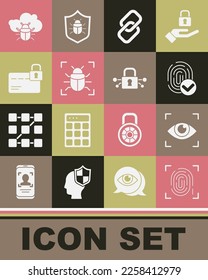 Set Fingerprint, Eye scan, Chain link, System bug, Credit card with lock, on cloud and Cyber security icon. Vector