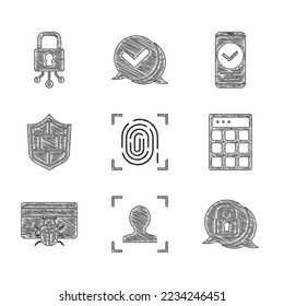 Set Fingerprint, Face recognition, Cyber security, Password protection, System bug credit card, Shield with brick wall, Smartphone and  icon. Vector