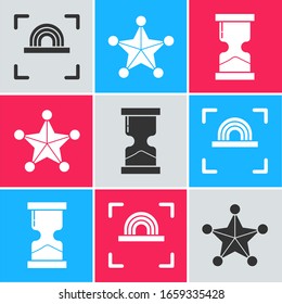 Set Fingerprint, Hexagram sheriff and Old hourglass icon. Vector