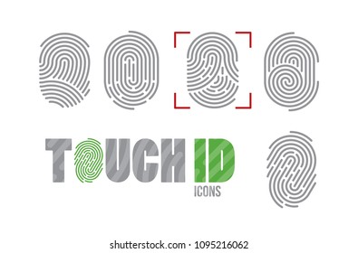 A set of fingerprint icons. Finger print scanning identification system. Biometric authorization, business security and personal data protection concept. Vector Touch ID icons