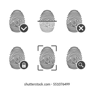 Establecer iconos de huellas digitales aislados en fondo blanco. Símbolo de autorización e identificación. Sistema de seguridad y vigilancia