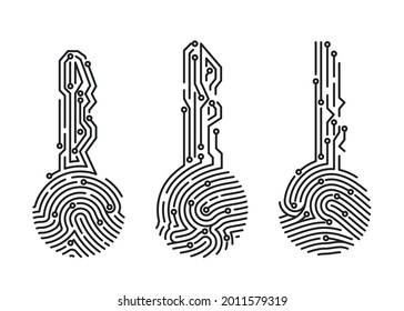 Set of fingerprint key. Security system user verification. Biometric ID for software login. Vector illustration