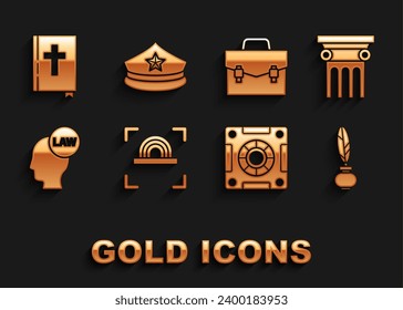 Set Fingerprint, Law pillar, Feather and inkwell, Safe, Head with law, Briefcase, Holy bible book and Police cap cockade icon. Vector
