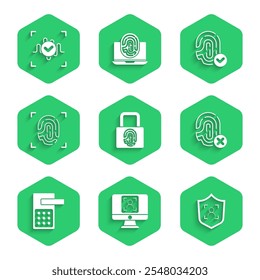 Set Fingerprint with lock, Face recognition, Shield face, Rejection fingerprint, Digital door,  and Voice icon. Vector
