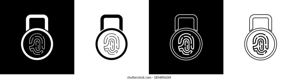 Set Fingerprint with lock icon isolated on black and white background. ID app icon. Identification sign. Touch id.  Vector