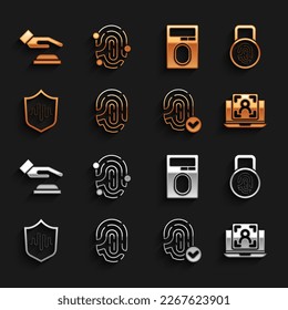 Set Fingerprint, with lock, Laptop face recognition, Shield voice, Palm and  icon. Vector