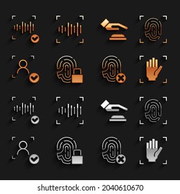 Ajuste la huella dactilar con bloqueo, reconocimiento de la palma, huella dactilar de rechazo, cara, voz e icono. Vector