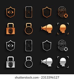 Set Fingerprint with lock, Rejection fingerprint, Face recognition, Shield voice, eye scan and Mobile and face icon. Vector