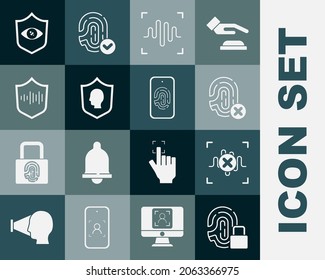 Ajuste la huella dactilar con bloqueo, reconocimiento de voz de rechazo, huella dactilar, voz, protección del usuario, escudo, exploración ocular e icono móvil. Vector
