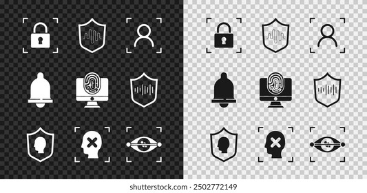 Set Fingerabdruck mit Schloss, Schild Spracherkennung, Gesicht, Benutzerschutz, Ablehnungsgesicht, Augenscan, Bewegungssensor und Monitor Fingerabdrucksymbol. Vektorgrafik