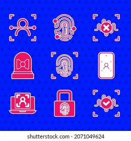 Set Fingerprint, with lock, Voice recognition, Mobile and face, Laptop, Motion sensor, Rejection voice and Face icon. Vector