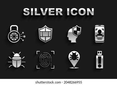 Set Fingerprint, Mobile and face recognition, USB flash drive, System bug, Head with shield, Cyber security and Shield brick wall icon. Vector