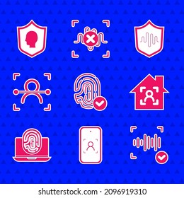 Set Fingerprint, Mobile and face recognition, Voice, Smart home with id, Laptop fingerprint, Face, Shield voice and User protection icon. Vector