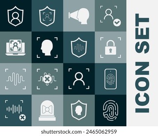 Set Fingerprint, Mobile with fingerprint scan, lock, Face recognition, Laptop face, User protection and Shield voice icon. Vector