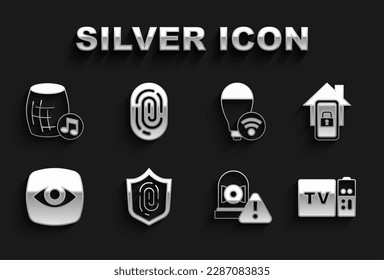 Set Fingerprint, Mobile with smart home, Multimedia and TV box receiver, Ringing alarm bell, Security camera, Smart light bulb, Voice assistant and  icon. Vector