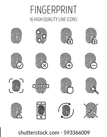 Set of fingerprint in modern thin line style. High quality black outline finger print symbols for web site design and mobile apps. Simple linear print pictograms on a white background.