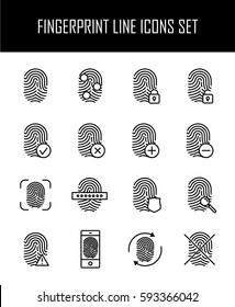 Set of fingerprint in modern thin line style. High quality black outline finger print symbols for web site design and mobile apps. Simple linear print pictograms on a white background.