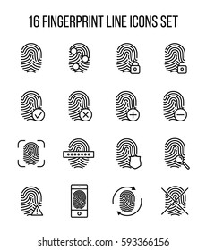 Set of fingerprint in modern thin line style. High quality black outline finger print symbols for web site design and mobile apps. Simple linear print pictograms on a white background.
