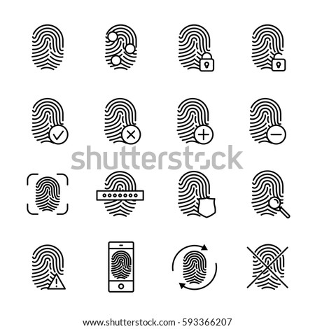 Set of fingerprint in modern thin line style. High quality black outline finger print symbols for web site design and mobile apps. Simple linear print pictograms on a white background.