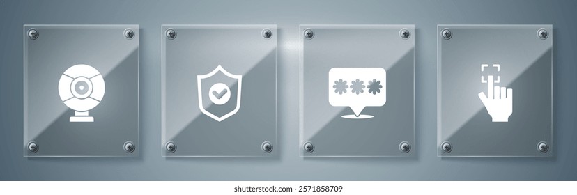 Set Fingerprint, Password protection, Shield with check mark and Security camera. Square glass panels. Vector