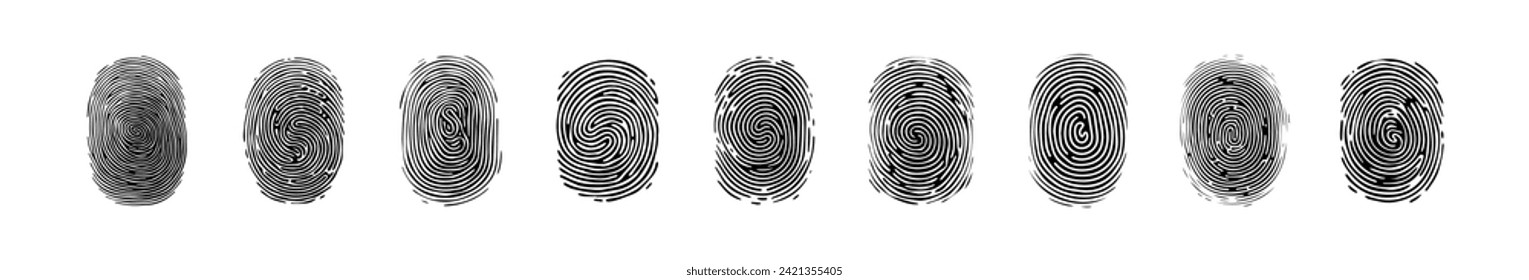 Set of Fingerprint patterns, clear lines and swirls. Human thumbprint. Icon, pictogram, logo. Black and white illustration. Vector isolated on a white background. Security concept.