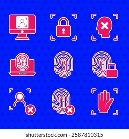 Set Fingerprint, Rejection fingerprint, Palm recognition, with lock, face, Laptop,  and Face icon. Vector