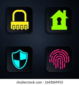 Set Fingerprint , Safe combination lock , Shield  and House under protection . Black square button. Vector