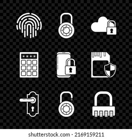 Set Fingerprint, Safe combination lock wheel, Cloud computing, Door handle, Password protection safety access and Smartphone with closed padlock icon. Vector